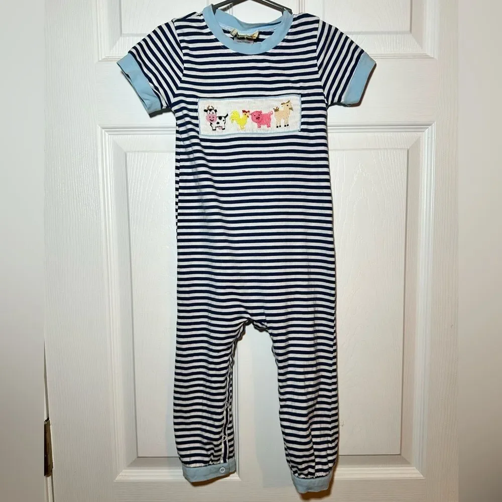 Busy Bee Smocks Short Sleeve Farm Animal Romper Toddler Size 3t, Navy Striped